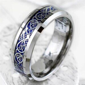 Men's Wedding Band Rings - Silver on Blue Celtic Dragon Design - Wedding Rings